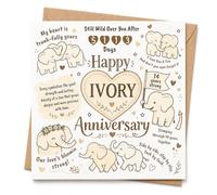 Funny 14th Wedding Anniversary Card with Envelope for Husband, Wife or Partner, Ivory Anniversary Card with Cute Elephant Puns, 14 Years Strong Design and Romantic Fourteenth Anniversary Message