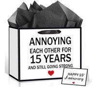Funny 15th Anniversary Paper Gift Bag with Card & 3 Sheets Black Tissue Paper, Double Sided "Annoying Each Other for 15 Years" Present Bag for Couple Husband Wife, Large Luxury Gift Wrap