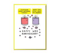 Funny 16th Anniversary Card, Wax Anniversary Theme, Funny Design, 120mm x 170mm, Lemon Yellow Envelope, Eco-Friendly, Made in UK