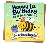 Funny 1st Birthday Card for Great Granddaughter, Cute Bee Design with Present and Birthday Message