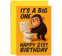 Funny 21st Birthday Card for Him, 'It's A Big One' Monkey Toilet Cheerful Playful Design, for Brother Son Nephew Grandson, Blank Inside with Envelope