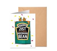 Funny 21st Birthday Card for Son Daughter Nephew Niece Happy 21 Hooman Bean Pun Birthday Greeting Cards for Men Women Milestone Gifts for Him Her Blank Inside 12x17cm