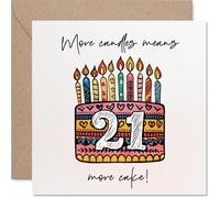 Funny 21st Birthday Card - More Candles, More Cake! - Colourful Cake and Candle Design with Big 21 - Playful Twist on Birthday Indulgence - 145mm Square, Envelope Included