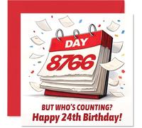 Funny 24th Birthday Card - Counting Every Single Day - Playful Calendar Design with Bold Red and White Colours - 145mm Square, Envelope Included