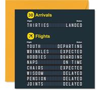 Funny 30th Birthday Card - Departures Board Laughs - Playful Travel-themed 30th with Witty Arrivals - Ageing Gags for a Milestone Birthday - 145mm Square, Envelope Included