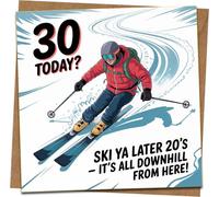 Funny 30th Birthday Card - Skiing Theme “Ski Ya Later 20’s” - For Him or Her, 145mm x 145mm Square, Blank Inside, Kraft Envelope Included