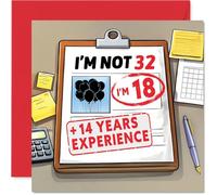 Funny 32nd Birthday Card - Age Is Just a Number - Red and White Balloons with Playful '18 Plus 14 Years Experience' Joke - Ideal for a Good Laugh - 145mm Square, Envelope Included