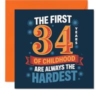 Funny 34th Birthday Card - Still Not Quite Grown Up - Bold Blue and Orange Childhood Joke Design - Perfect for Those Who Pretend to Adult - 145mm Square, Envelope Included