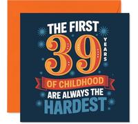 Funny 39th Birthday Card - Still Acting Your Shoe Size - Bold Blue and Orange Design with Playful Childhood Quote - 145mm Square, Envelope Included