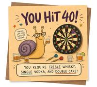 Funny 40th Birthday Card for Him or Her, You Hit 40, Snail and Darts Design, Whisky and Cake Joke Greeting Card