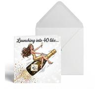 Funny 40th Birthday Card for Women Humorous Champagne Rocket Design Milestone Greeting Card for Best Friend Sister Coworker Blank Inside Thick Paper with Envelope 13x13cm