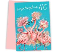 Funny 40th Birthday Card for Women - Sensational at 40 Flamingo Greeting Card for Her - Humorous Female Friend Sister Mum Wife Turning Forty