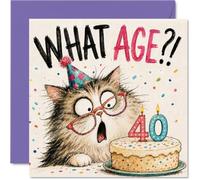 Funny 40th Birthday Card, Shocked Cat in Party Hat
