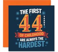 Funny 44th Birthday Card - Still a Big Kid at Heart - Bold Blue and Orange 'first 44 Years of Childhood' Design - 145mm Square, Envelope Included