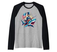 Funny 4th of July Fourth Abe Abraham Lincoln Riding a Shark Raglan Baseball Tee
