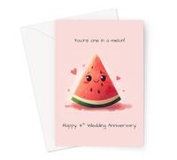 Funny 4th Wedding Anniversary Card | Linen, Fruit Pun, For Husband Or Wife (You're One In A Melon Happy 4th Wedding Anniversary Card)