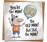 Funny 50th Birthday Card for Him - You're the Man Old Man Cartoon - 145mm Square with Kraft Envelope - Humorous Male Milestone Card for Dad Husband Friend