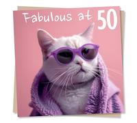 Funny 50th Birthday Card For Women - Glamorous Cat in Glasses - Fabulous at 50 - For Women, Cat or Kitten Lovers