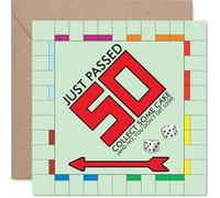 Funny 50th Birthday Card - Level Up to 50 with Cake, Not Cash - Monopoly-inspired Milestone Laughs - Playful Nod to Classic Board Game Fun - 145mm Square, Envelope Included