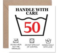 Funny 50th Birthday Card - Playful Care Instructions for Turning 50 - Laundry Symbols and Witty Warnings - Keeps the Milestone Light-hearted - 145mm Square, Envelope Included