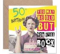 Funny 50th Birthday Card - Vintage Vibes with a Cheeky Twist - Classic Cake-toting Lady and Bold 50th Shout - 145mm Square, Envelope Included