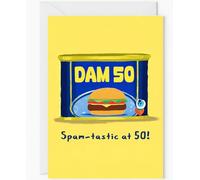 Funny 50th Spam Birthday Card - “Spam-tastic at 50” Can Design - Humorous Milestone Greeting Card with Envelope