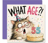 Funny 55th Birthday Card, Surprised Cat Meets Milestone Cake | Playful Party Scene with Bold 'WHAT AGE', A Cheeky Way to Celebrate Turning 55, 145mm Square, Envelope Included