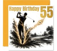 Funny 55th Birthday Card, Swing into 55 with a Bang | Energetic Golfer Blasting a Golden Shot, Bursting with Dynamic Birthday Cheer, 145mm Square, Envelope Included