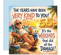 Funny 55th Birthday Card - Weekend Mishaps and Birthday Laughs - Relaxed Gent Soaking Up the Sun on the Beach - 145mm Square, Envelope Included