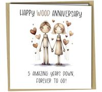 Funny 5th Anniversary Card for him or her, Unique Design, 'Happy Wood Anniversary' 5 years down, forever to go Wooden Theme Keepsake #1730