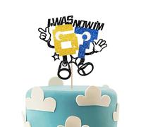 Funny 6 7 Cake Topper, Block-Style Six Seven Cake Topper, I was 6 Now I'm 7 Cake Decoration for 7th Birthday/Gen Z Themed Party Supplies - Blue&Gold Glitter