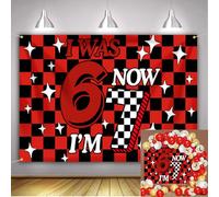 Funny 6 7 Meme Backrop Red Racing Car Checkered Photo Backdrop for Kids' Seven Years Old Birthday Decoration Banner 7x5FT