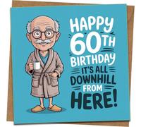 Funny 60th Birthday Card for Him - Happy 60th, It’s All Downhill From Here - 145mm x 145mm Square Greeting with Kraft Envelope - Dad Grandad Husband Friend Joke