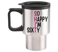 Funny 60th Birthday Travel Mug So Happy Im Sixty (Pink Text) (Silver)
