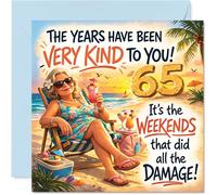 Funny 65th Birthday Card - Cheeky Birthday Banter - Relaxing Beach Scene with Witty Weekend Joke - Splashes of Gold and Pink for a Vibrant Touch - 145mm Square, Envelope Included