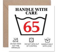 Funny 65th Birthday Card - Handled with Humour - Care Instructions Design with Bold 65 Print - Playful Take on Reaching a Milestone - 145mm Square, Envelope Included