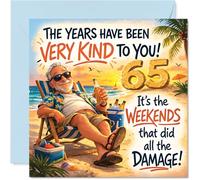 Funny 65th Birthday Card - Weekend Shenanigans at 65 - Cheery Beach Scene with a Grinning Gent - A Playful Nod to Well-earned Mischief - 145mm Square, Envelope Included