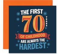 Funny 70th Birthday Card - Still in Your Childhood, Apparently - Bold Blue and Orange Design with Playful 70th Birthday Humour - 145mm Square, Envelope Included