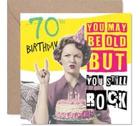 Funny 70th Birthday Card - Still Rocking at 70 - Retro Humour with Bold Yellow and Pink Design - Guaranteed to Spark a Birthday Grin - 145mm Square, Envelope Included