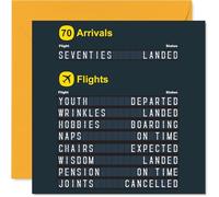 Funny 70th Birthday Card - Touchdown in Your Seventies - Retro Airport Arrivals Board with Witty Life Departures - 145mm Square, Envelope Included