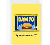 Funny 70th Spam Birthday Card - “Spam-tastic at 70” Can Design - Humorous Milestone Greeting Card with Envelope