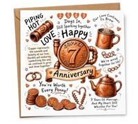 Funny 7th Wedding Anniversary Card with Envelope for Husband, Wife or Partner, Copper Anniversary Card with Piping Hot Love, Penny and Tea Puns, Seven Years Married Gift for Him or Her