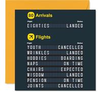 Funny 80th Birthday Card - Eighty Years Young and Ready for Take-off - Playful Airport Arrivals Board Design - 145mm Square, Envelope Included