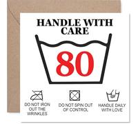 Funny 80th Birthday Card - Warning: Handle with Care - Hilarious Care Instructions Motif with 80th Twist - 145mm Square, Envelope Included