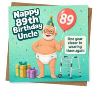 Funny 89th Birthday Card for Uncle, Humorous Age 89 Birthday Card with Cartoon Character and Balloon, Celebration for Him