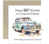 Funny 90th Birthday Card for Him, 'Limited Edition' Gift, Vintage Car Design, for Husband Dad Brother Uncle Son Boyfriend Friend Family, Blank Inside with Envelope