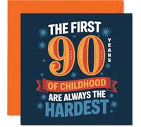 Funny 90th Birthday Card - Ninety Years Young and Still Causing Mischief - Bold Playful Design with Vibrant Blue and Orange - 145mm Square, Envelope Included