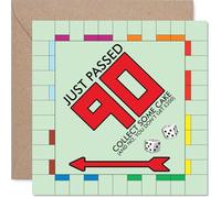 Funny 90th Birthday Card - Passed Go at 90 - Monopoly-inspired with Cheeky Cake Twist - Playful Nod for Milestone Celebrations - 145mm Square, Envelope Included
