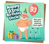 Funny 93rd Birthday Card for Uncle, Humorous Milestone Birthday Greeting Card with Retirement Joke and Party Balloon Design