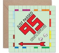 Funny 95th Birthday Card - Levelled Up at 95 - Playful Monopoly Board Twist with Colourful Cake-collecting Fun - 145mm Square, Envelope Included
